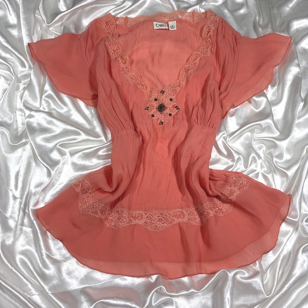 Vintage Cato Blouse Coral Pink Excellent Lace Trim Beaded Boho Y2K Top